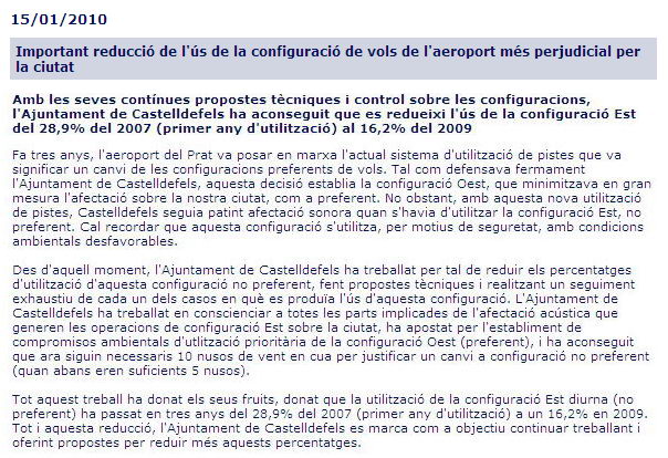 Notcia publicada per l'OMSICA sobre la reducci de l's de la configuraci est a l'aeroport del Prat durant els tres primers anys naturals de funcionament de la proposta global